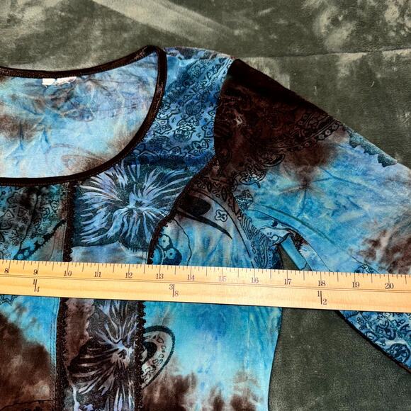 Vintage Y2K Blouse Top Women's Brown Blue Fairy Boho Lace Trim Medium Cottage - Picture 6 of 7